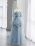 Blue A-line Strapless Long Sleeve Tulle Long Evening Dresses HZ1024