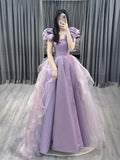 Purple A-line Short Sleeve Straplessable Satin Tulle Long Evening Dress HZ1024