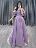 Purple A-line Short Sleeve Straplessable Satin Tulle Long Evening Dress HZ1024