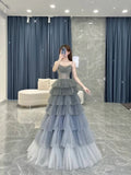 Gray A-line Spaghetti Strap Tulle Tiered Long Evening Dress HZ1024