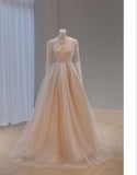 Champagne A-line One Shoulder Sleeveless Tulle Long Evening Gowns HZ1024