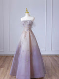 Gradient Purple A-line Strapless Sleeveless Tulle Star Long Evening Dresses HZ1024