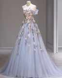 Blue A-line Strapless Sleeveless 3D Flower Tulle Long Evening Dresses HZ1024