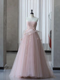 Pink A-Line Strapless Butterfly Tulle Long Evening Dresses HZ1024