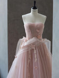 Pink A-Line Strapless Butterfly Tulle Long Evening Dresses HZ1024