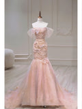 Pink Mermaid Sheath Strapless Tulle Floor Length Evening Dresses HZ1024