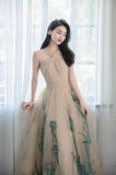 Champagne A-Line Neckline Sleeveless Tulle Long Evening Dresses HZ1024