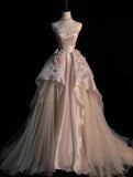 Pink Satin A-Line Strapless Tulle Long Evening Dresses HZ1024