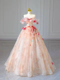 Pink A Line 3D Flower Strapless Tulle Long Evening Dresses HZ1024