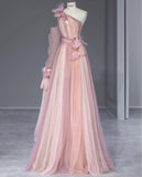 Gradient Pink Special One Shoulder Tulle Long Evening Gowns HZ1024