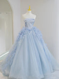 Blue A-line Sheath Strapless Ruffle Tulle Long Evening Dresses HZ1024
