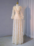 Pale Yellow A-Line V-Neck Long Sleeve Long Evening Dresses HZ1024