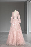 Pink A-Line V-Neck Long Sleeve Tulle Long Evening Dresses HZ1024
