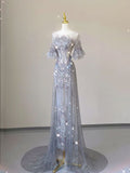 Gray A-Line Round Neck Midi Sleeve Sparkling Slim Floor Length Dress HZ1024