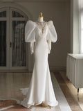 White Mermaid V-Neck Fly Sleeve Glitter Satin Floor Length Evening Gowns HZ1024