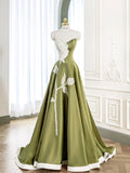 Green and White A-Line Spaghetti Strap Heart Neck Satin Long Evening Gowns HZ1024