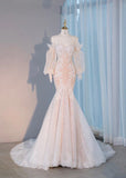 Pink Mermaid Strapless Heart Neck Tulle Floor Length Evening Dresses HZ1024