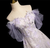 Purple Sequins Off the Shoulder Flower Prom Dress HZ1024
