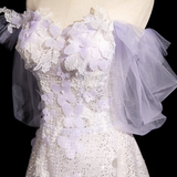 Purple Sequins Off the Shoulder Flower Prom Dress HZ1024
