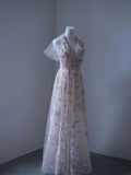 Light Pink A-Line Hanging Neck Printed Tulle Long Evening Dresses HZ1024