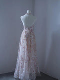 Light Pink A-Line Hanging Neck Printed Tulle Long Evening Dresses HZ1024
