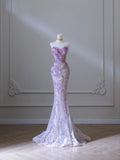 Purple Mermaid Strapless Heart Neck 3D Flower Long Evening Dresses HZ1024