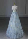 Light Blue A-Line Printed Spaghetti Strap Tulle Long Dress HZ1024