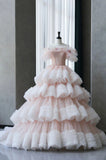 Ball Gown Off Shoulder Pink Tulle Long Prom Dress, Sweet 16 Dress HZ1024