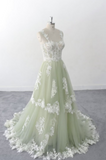 Light Green A-line Spaghetti Straps Heart Neck Lace Tulle Long Evening Gowns HZ1024