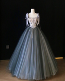 Printed Satin and Gray Tulle A-Line Sleeveless Long Prom Dresses HZ1024