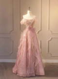 Pink A-Line Strapless Strapless Ruffle Bow Tulle Long Prom Dresses HZ1024