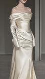 Elegant White Sheath Long Sleeve Satin Formal Long Prom Dresses HZ1024
