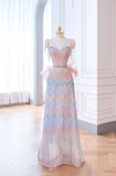 Chic A-Line Colorful Geometric Sleeveless Beaded Bow Long Prom Dresses HZ1024