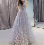 Simple Blue Gray Tulle 3D Lace Applique Long A Line Prom Dress HZ1024