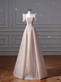 Pale Pink A-Line Square Neck Short Sleeve Tulle Long Prom Dresses HZ1024
