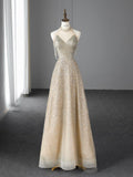 Gold A-Line Neckline Beaded Tulle Long Prom Dresses HZ1024