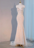 Champagne Mermaid Strapless Heart Neck Sequined Tulle Floor Length Ball Gowns HZ1024