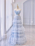 Pale Blue A-Line Strapless Tulle Long Prom Dresses HZ1024