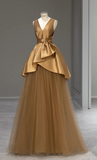 Brown A-Line V-Neck Sleeveless Satin Tulle Long Prom Dresses HZ1024