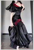 Sexy Black Satin One Shoulder 3D Flower Split Long Prom Dresses HZ1024