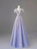 Charming Gradient Purple A Purple Short Sleeve Tulle Long Prom Dresses HZ1024
