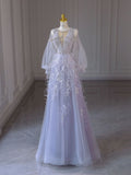 Light Purple A-Line Round Neck Long Sleeve Sequined Tulle Long Prom Dresses HZ1024