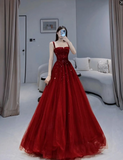 Red A-Line Spaghetti Straps Bright Beaded Tulle Long Prom Dresses HZ1024