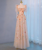Champagne Tulle Sequins Prom Dress With Detachable Long Sleeve HZ1024