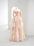 Champagne A-Line Strapless Layered Tulle Long Prom Dresses HZ1024