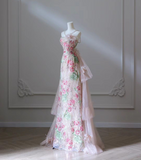 Pink A-Line Hanging Neck Floral Lace Long Prom Dresses HZ1024