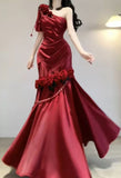 Red Mermaid One Shoulder 3D Floral Satin Long Ball Gowns HZ1024