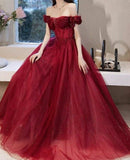 Burgundy A-Line Strapless Tulle Sequins Floor Length Prom Dresses HZ1024