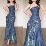 Chic Blue Spaghetti Strap Slim Irregular Dresses HZ1024