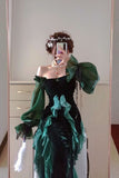 Green Strapless Velvet Ruffle Vintage Split Tea Break Dresses HZ1024